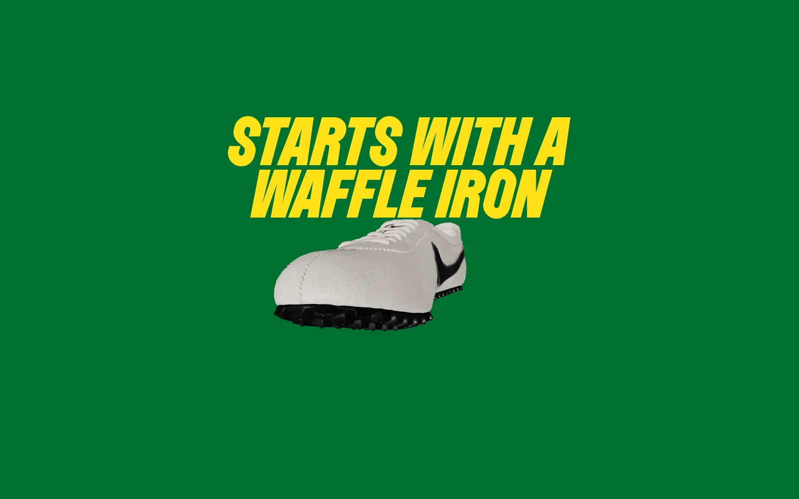 Frame from the animated experience: a white running shoe floats beside the words Starts With a Waffle Iron, with a Jump In button.