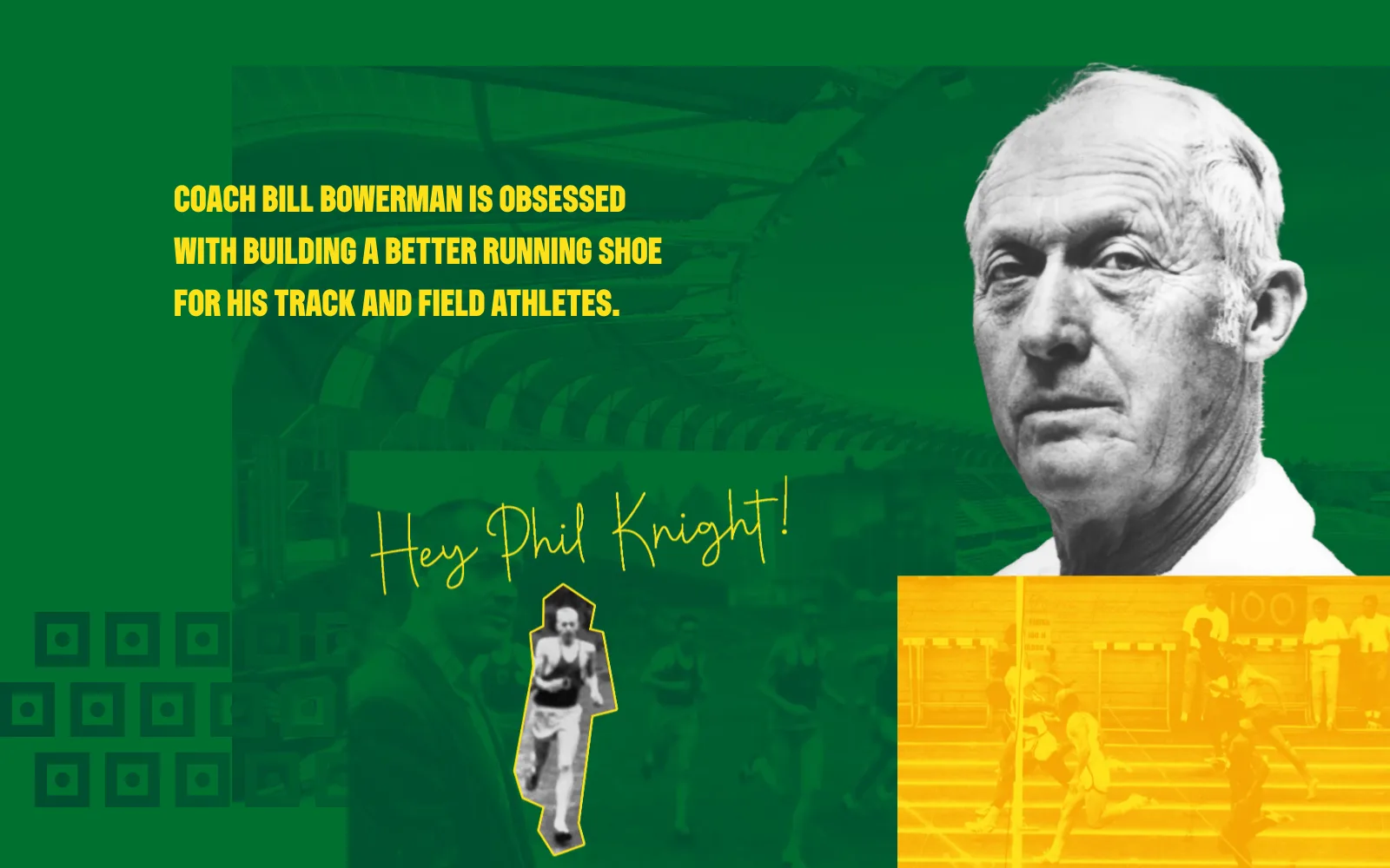 Frame from the animated experience: over the track-team photo, a handwritten note reads Hey Phil Knight! beside a cutout photo of a young runner.