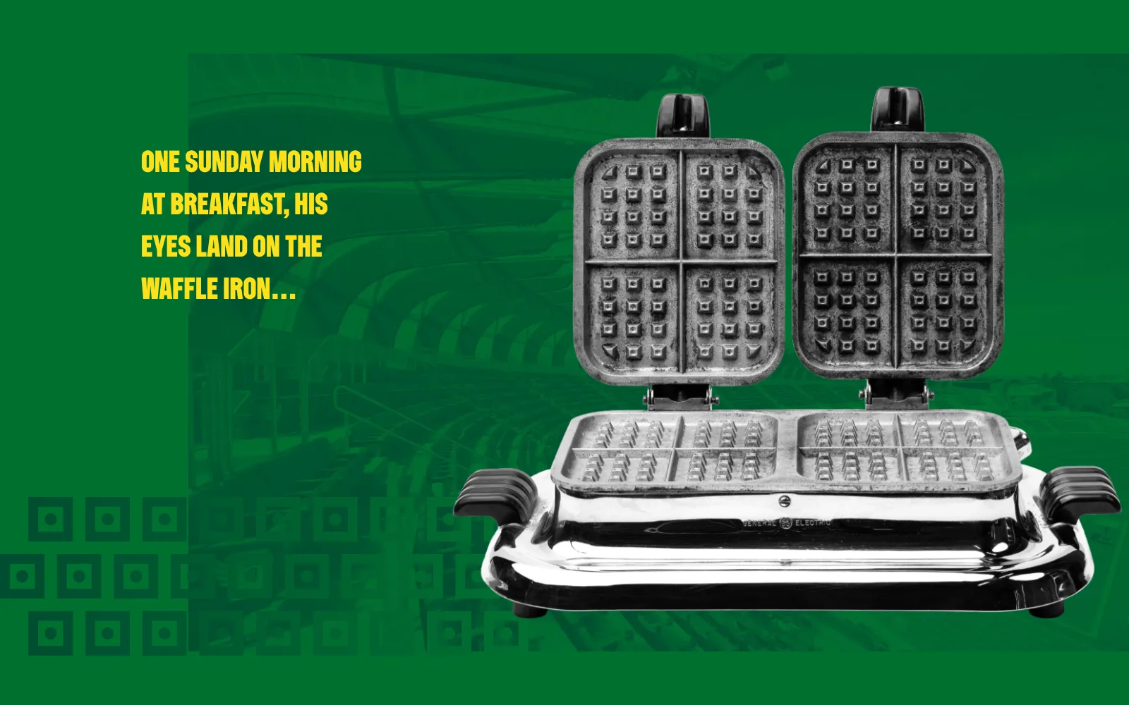 Frame from the animated experience: an open vintage waffle iron beside the words One Sunday morning at breakfast, his eyes land on the waffle iron.