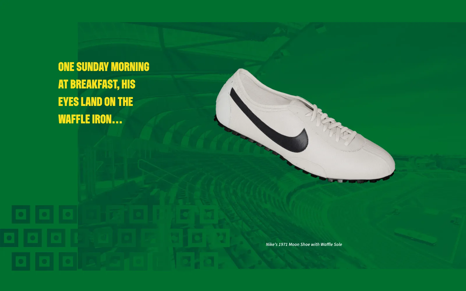 Frame from the animated experience: Nike’s 1971 Moon Shoe seen from the side, with the caption Nike’s 1971 Moon Shoe with Waffle Sole.