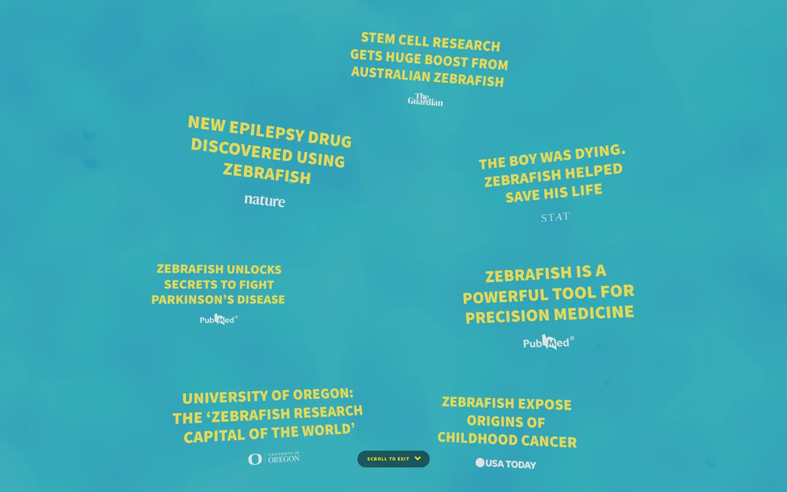 Frame from the animated experience: seven headlines drift across the water, each with its source logo: The Guardian, Nature, STAT, PubMed, USA Today, and the University of Oregon.