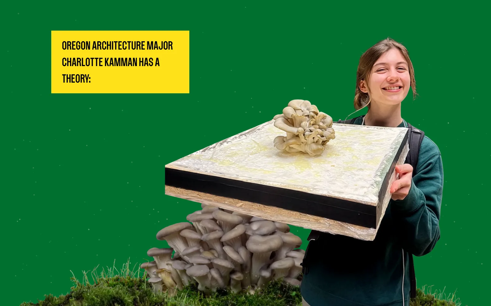 Frame from the animated experience: Charlotte Kamman holds a mycelium panel topped with mushrooms, with the slide’s caption.