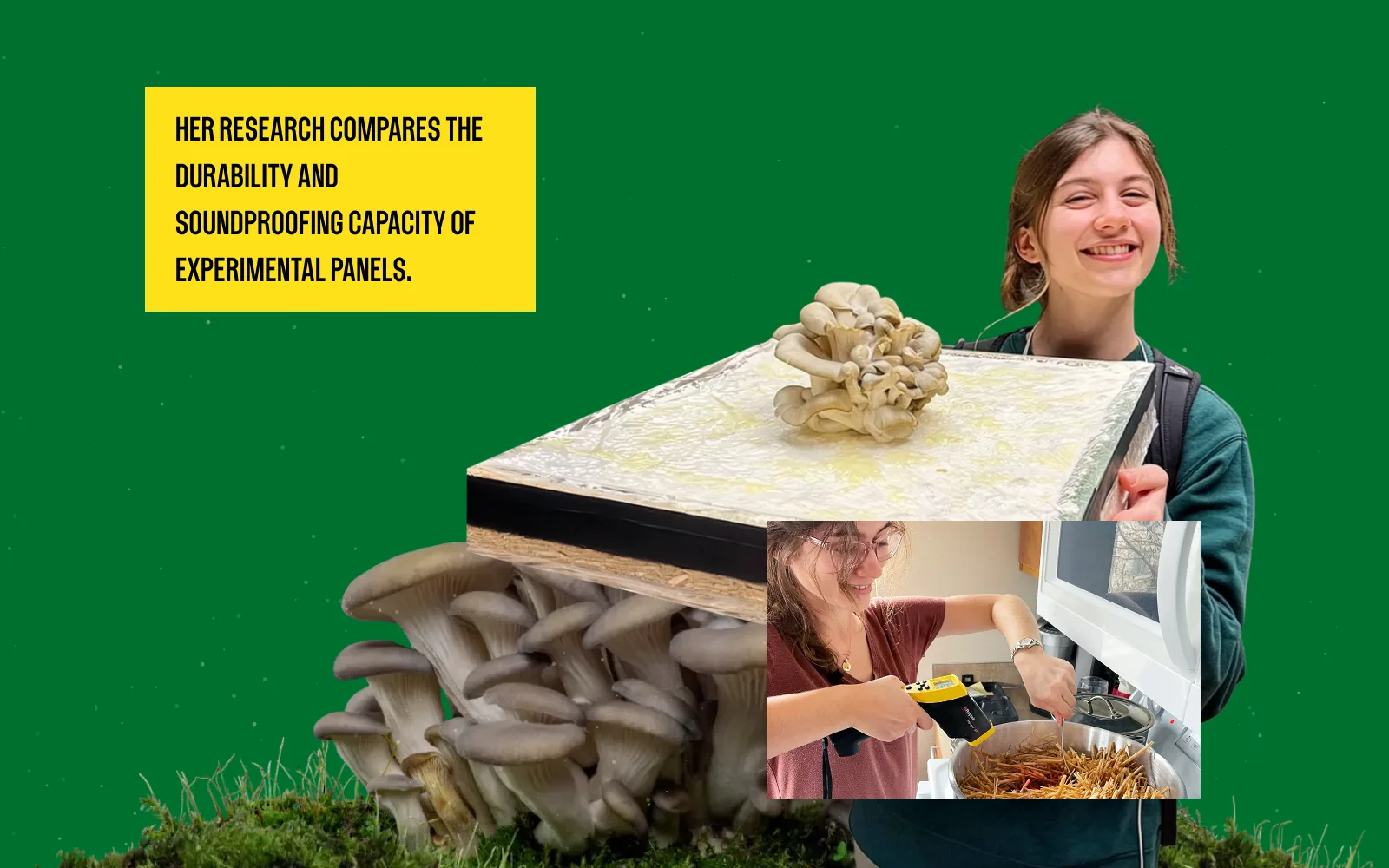 Frame from the animated experience: Charlotte with the panel and a photo of her aiming an infrared thermometer at a pot of loose fibers, with the slide’s caption.