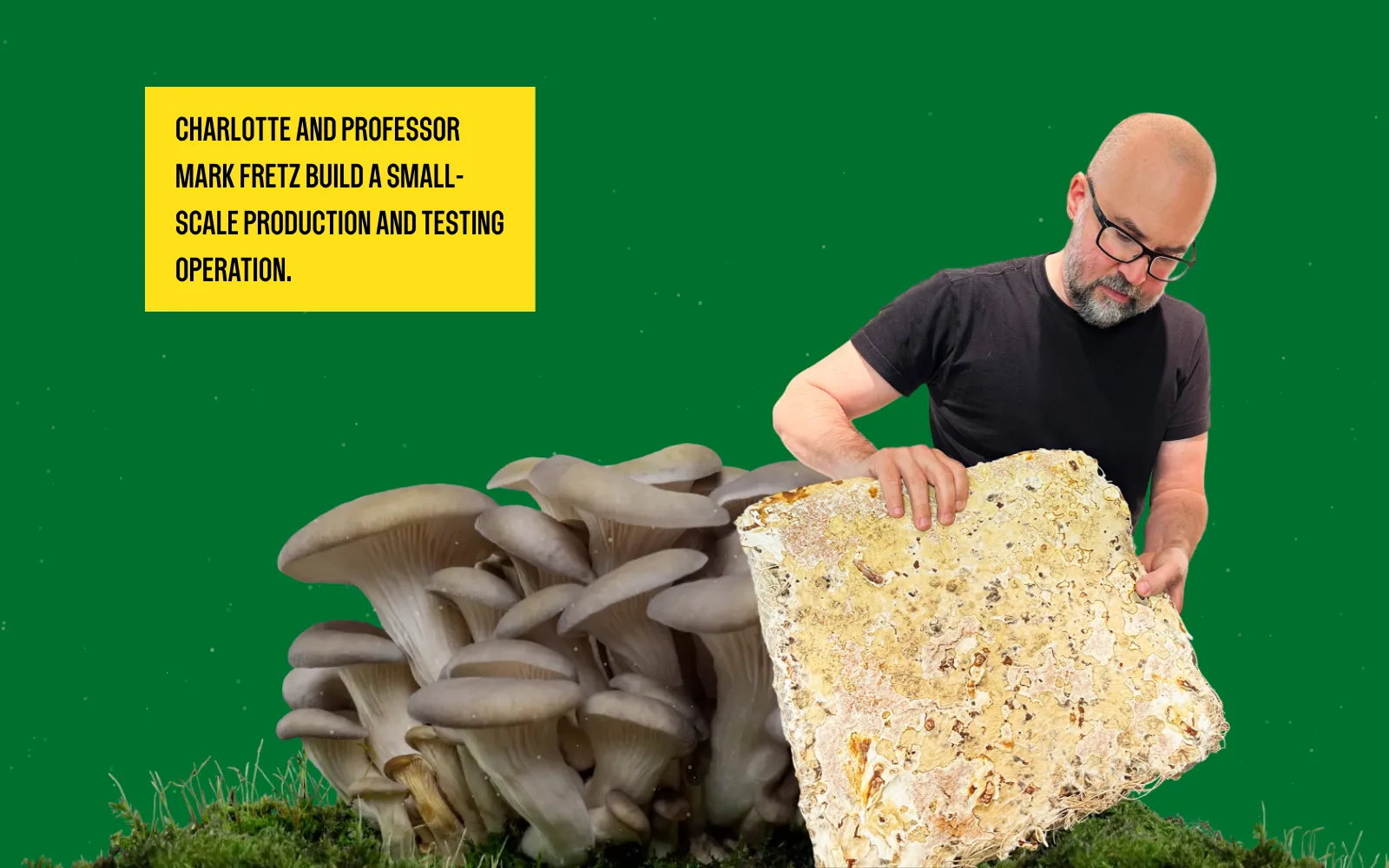 Frame from the animated experience: Mark Fretz examines a large mycelium panel, with the slide’s caption.