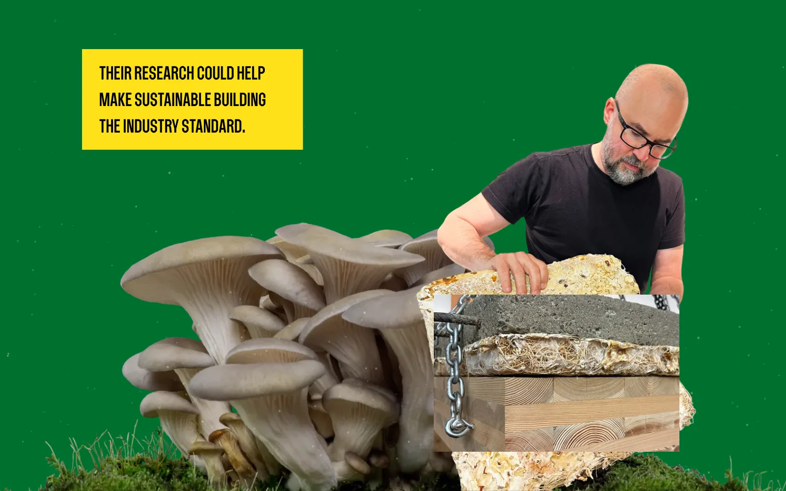 Frame from the animated experience: Mark Fretz with the panel and a photo of a mycelium test panel on timber, with the slide’s caption.