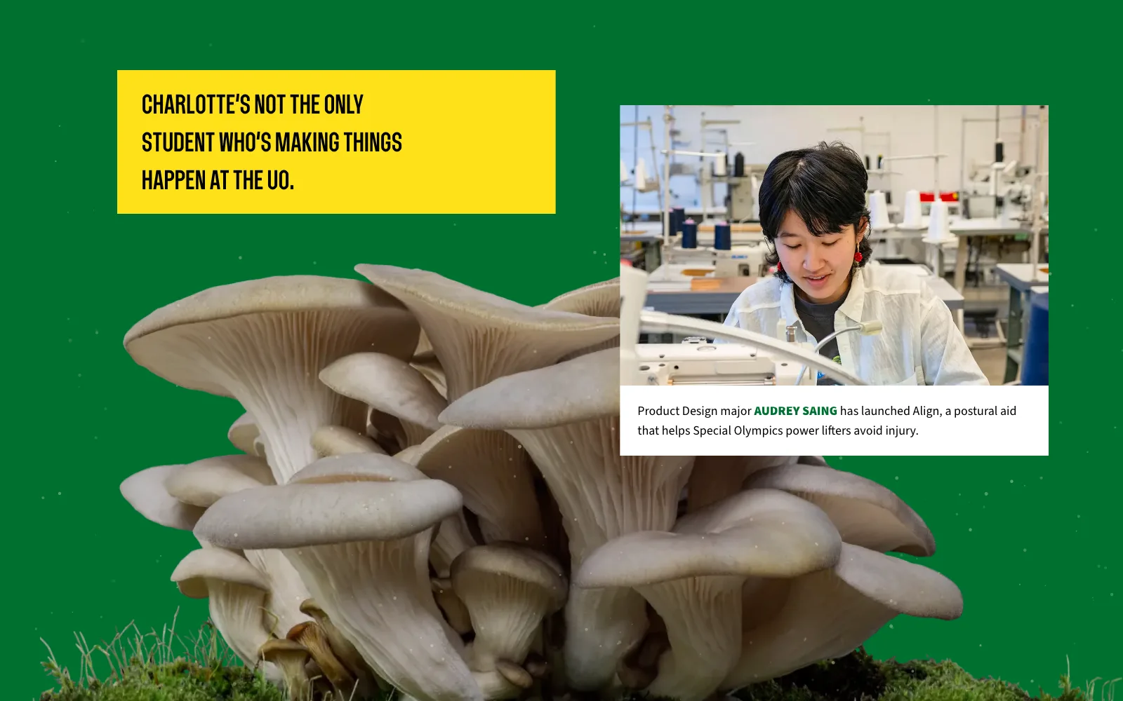 Frame from the animated experience: Audrey Saing at a sewing machine, with her caption, above the mushroom cluster.