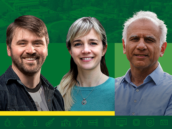 Three faculty headshots on a green background with icons relating to volcanology, seismology, and cybersecurity lining the bottom of the graphic