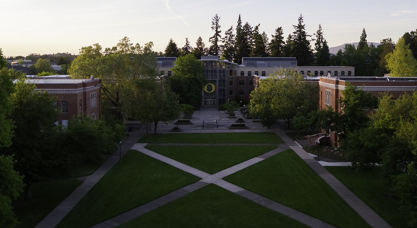 An aerial photo of the Eugene campus