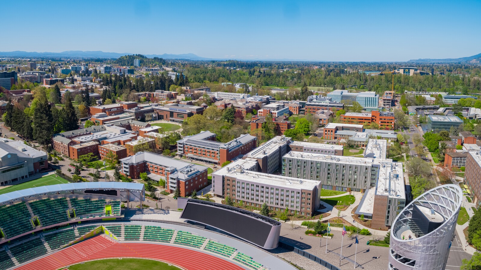 Aerial photos of campus on a sunny day in the spring.