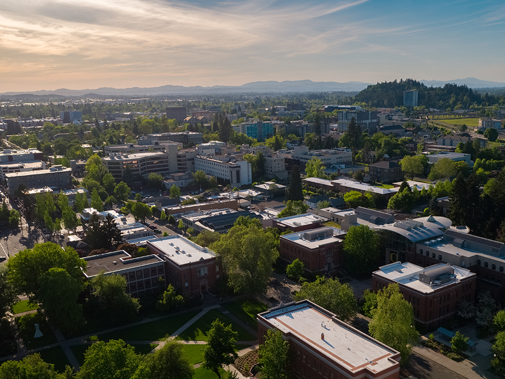 An aerial image of the Eugene campus