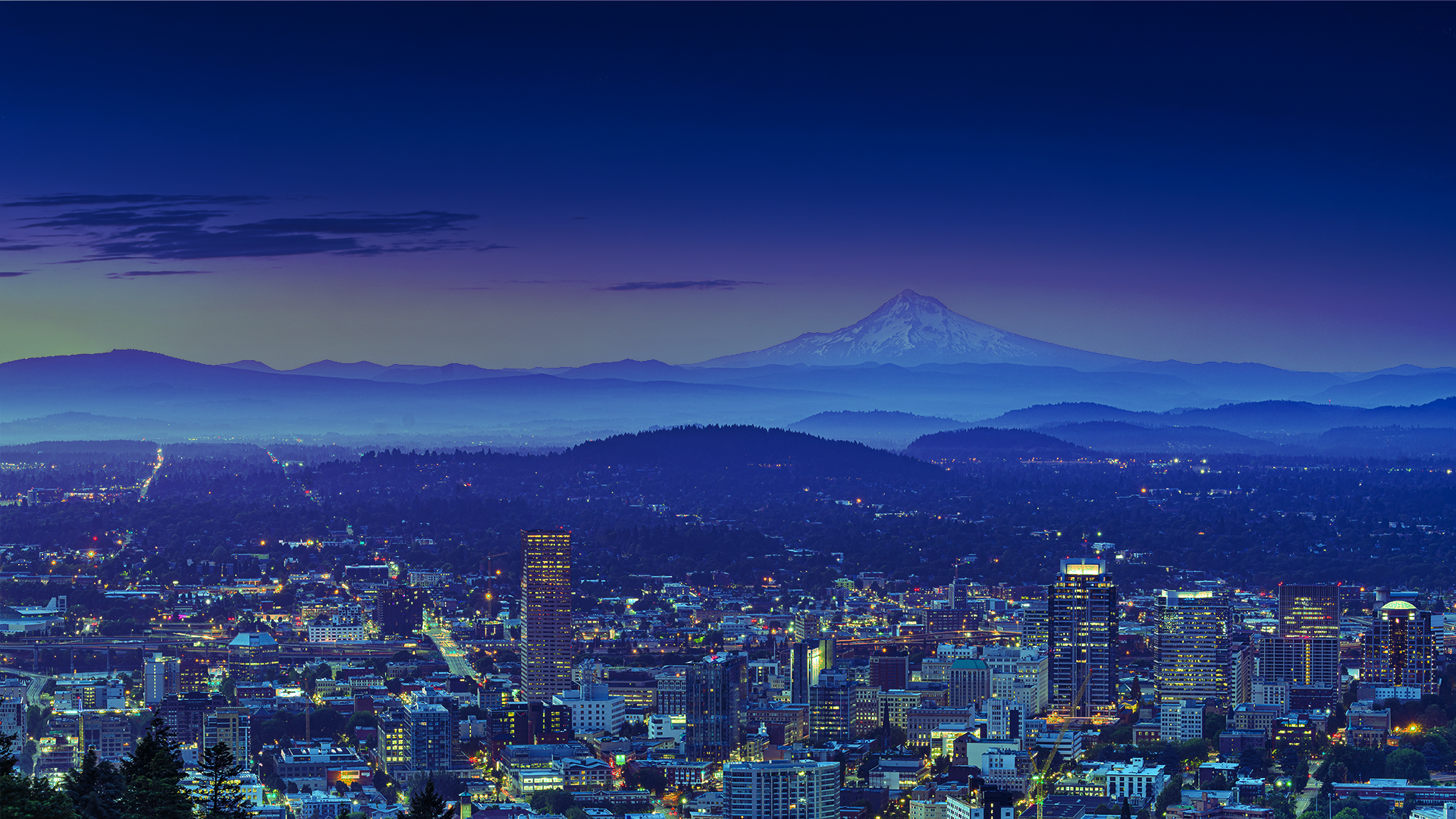 An aerial image of the city of Portland at night