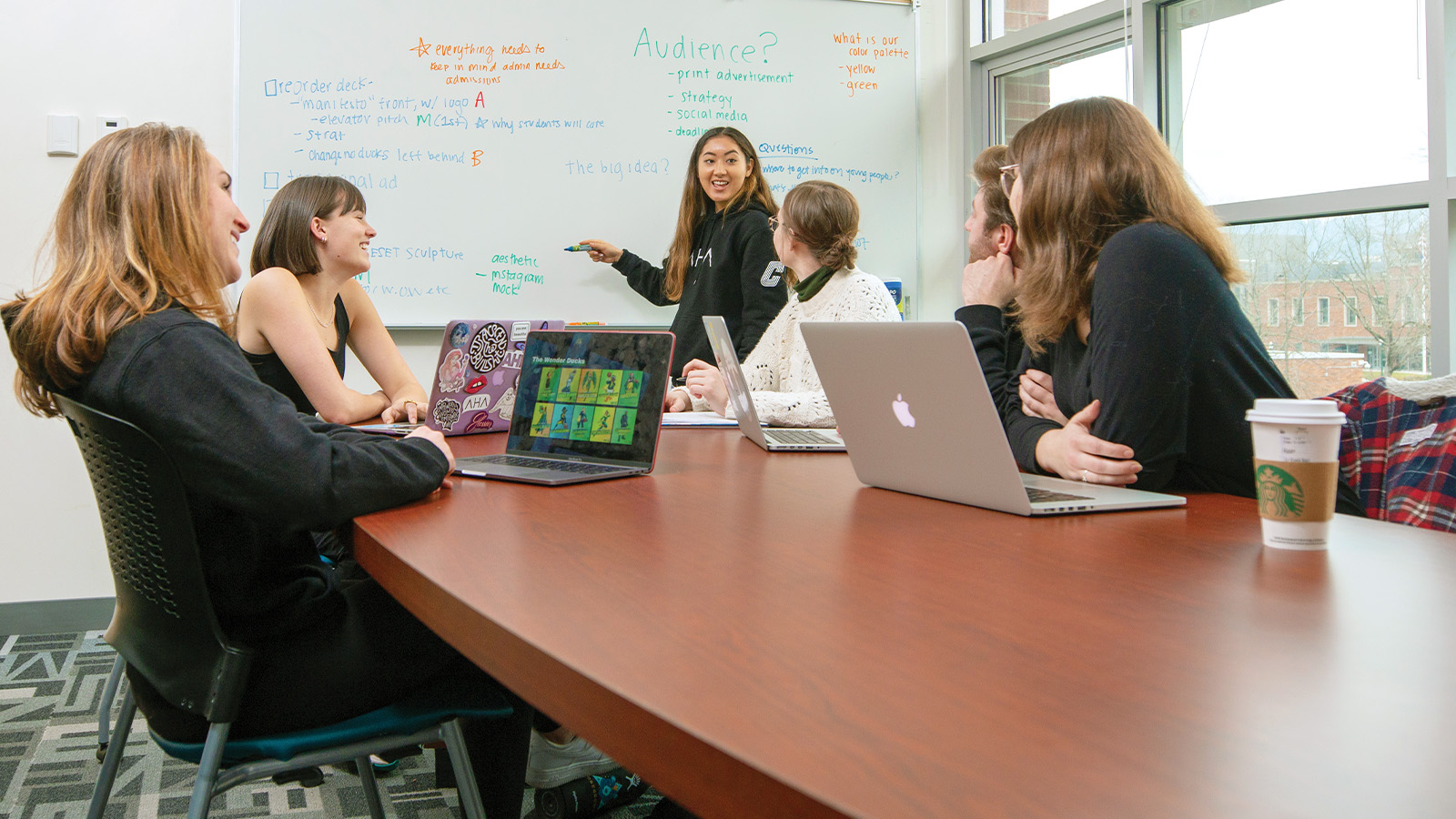 students at table working on digital marketing plan