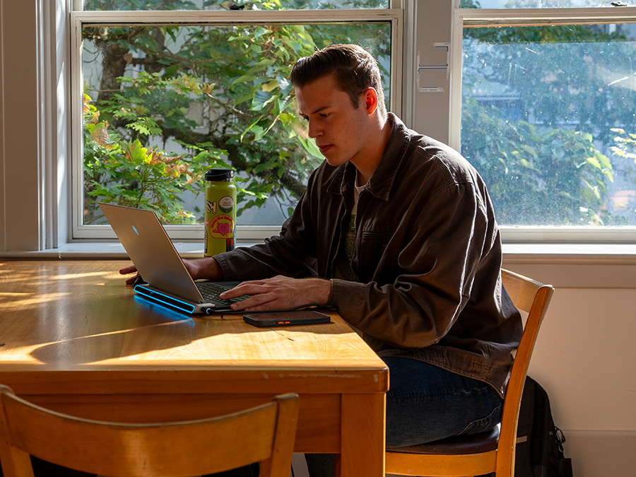 Student working on a laptop at a table