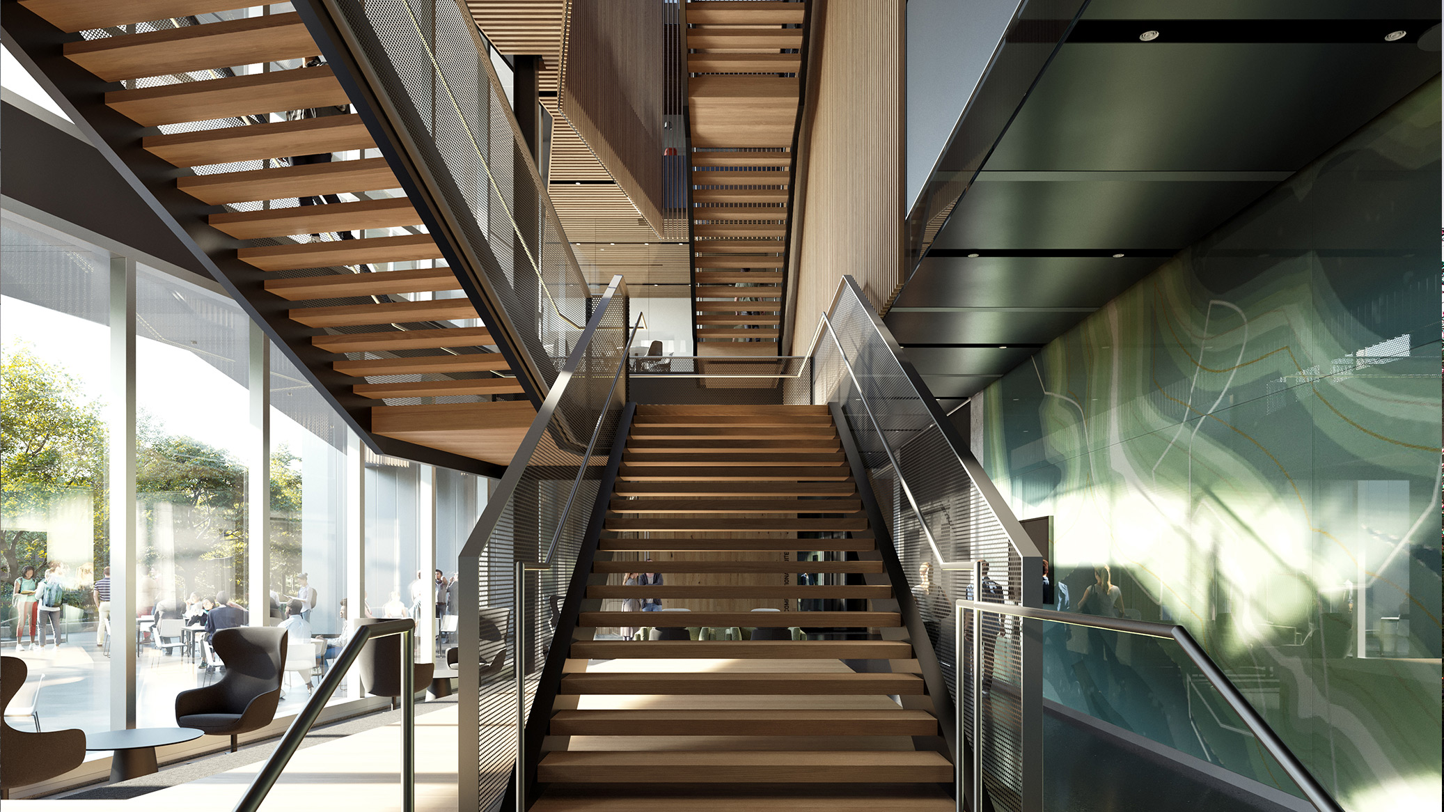 A wood staircase in a Knight Campus atrium