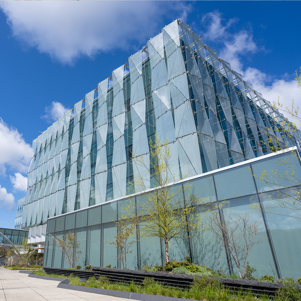 The Knight Campus building with a geometric glass facade