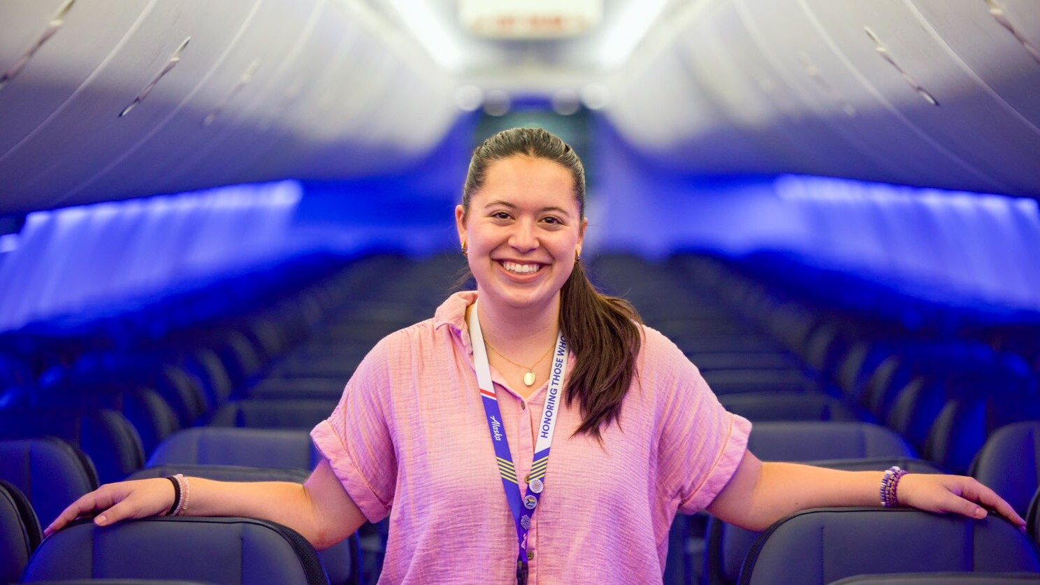Maya Valverde ’26 became a travel champ during her summer internship with Alaska Airlines. She also honed her public relations skills and made valuable industry connections. Photo courtesy of Maya Valverde.