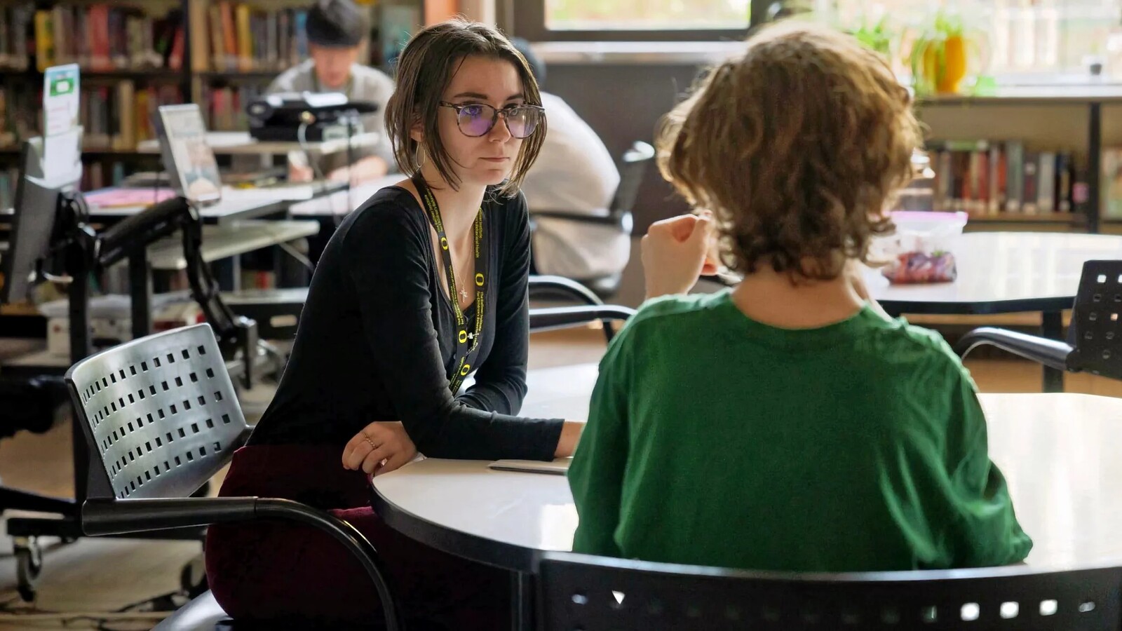A Ballmer Institute student listens during a conversation at George Middle School.