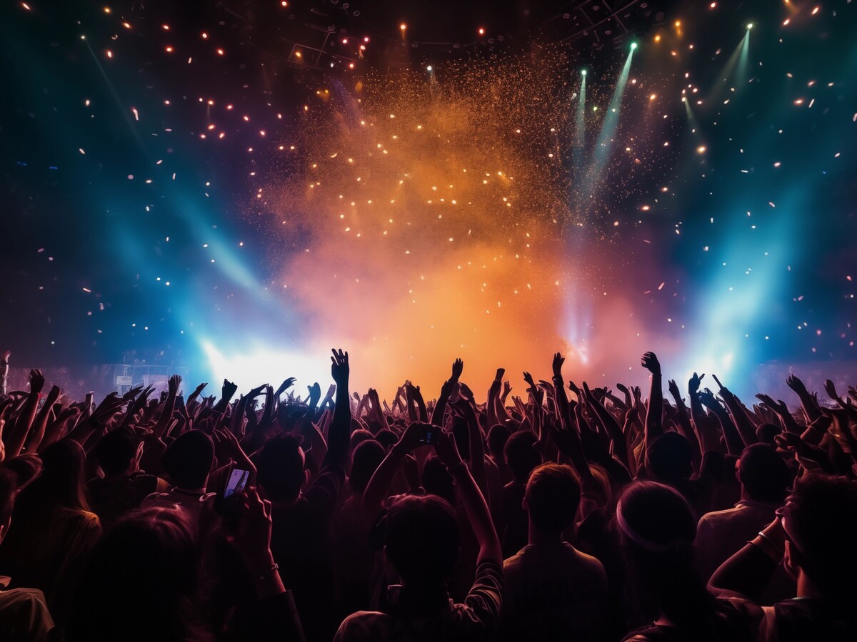 A concert crowd cheers beneath colorful lights and falling confetti.