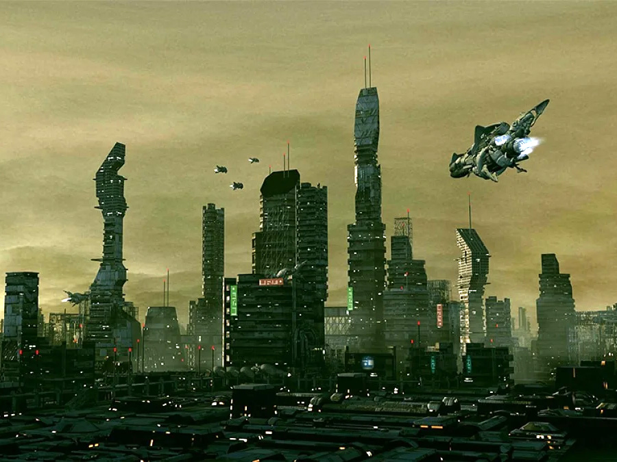 Spaceships fly above a futuristic city under a hazy sky.