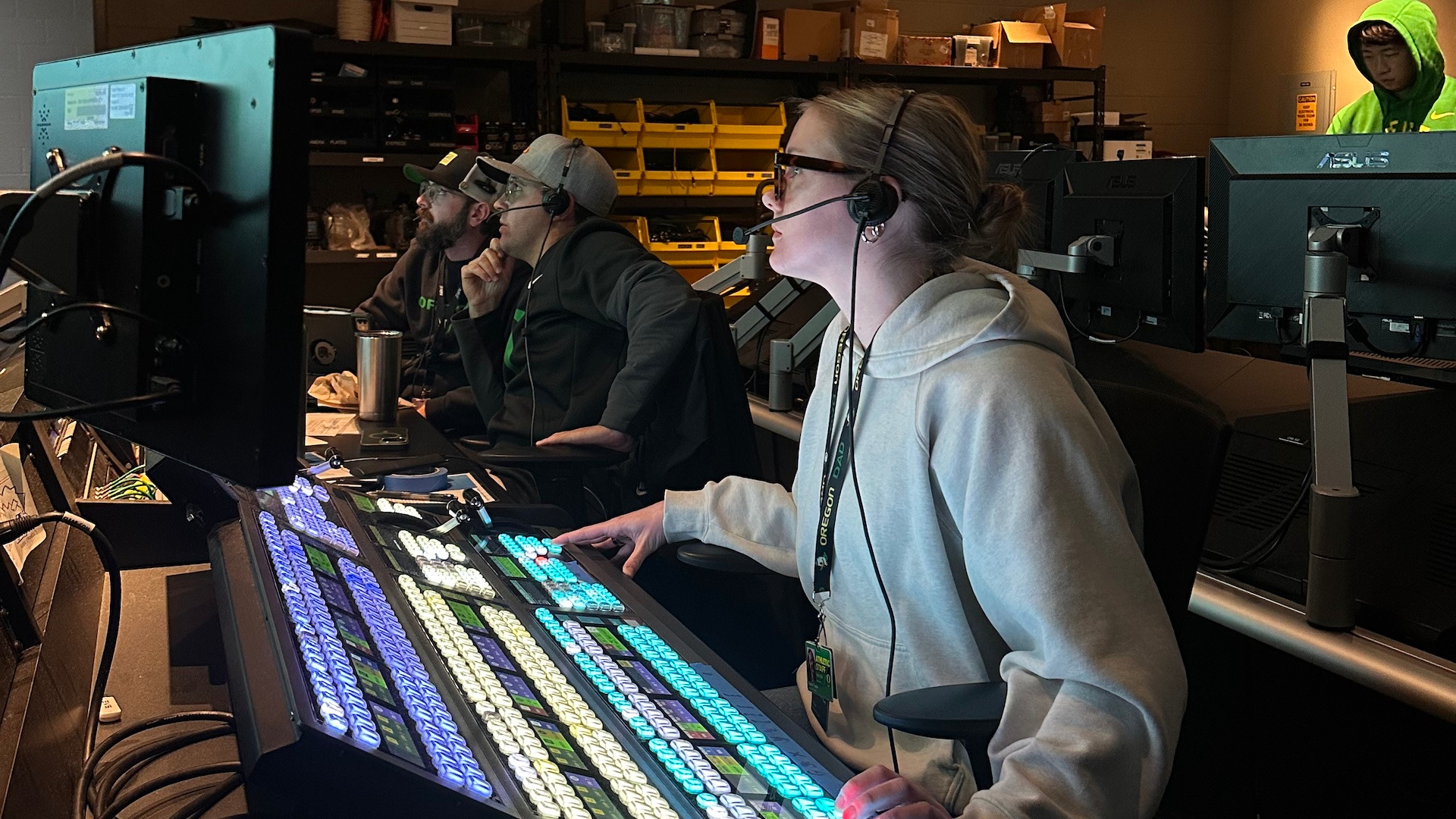 Sophie Fowler produces a University of Oregon athletics broadcast.
