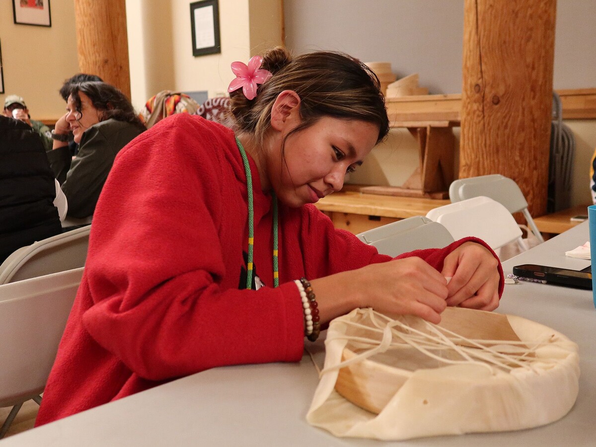 Ericka Grunlose makes a traditional Native drum.
