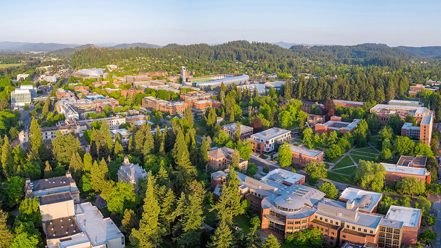 Aerial view of the University of Oregon campus in evening light.