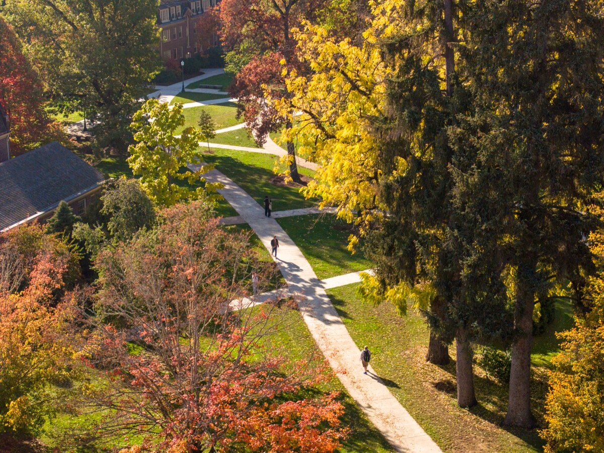 An aerial view shows the University of Oregon in autumn.