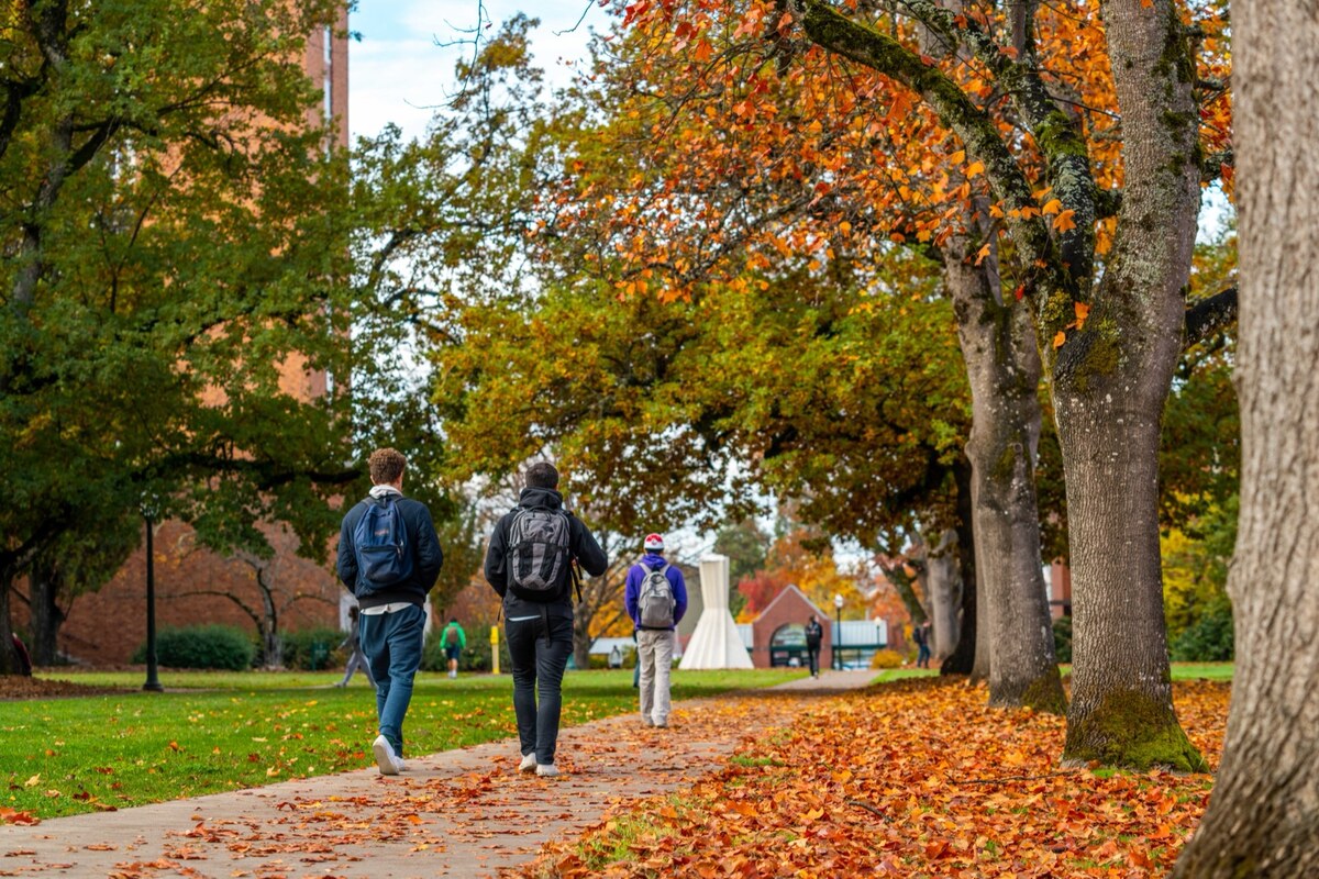 Autumn leaves surround a University of Oregon building.