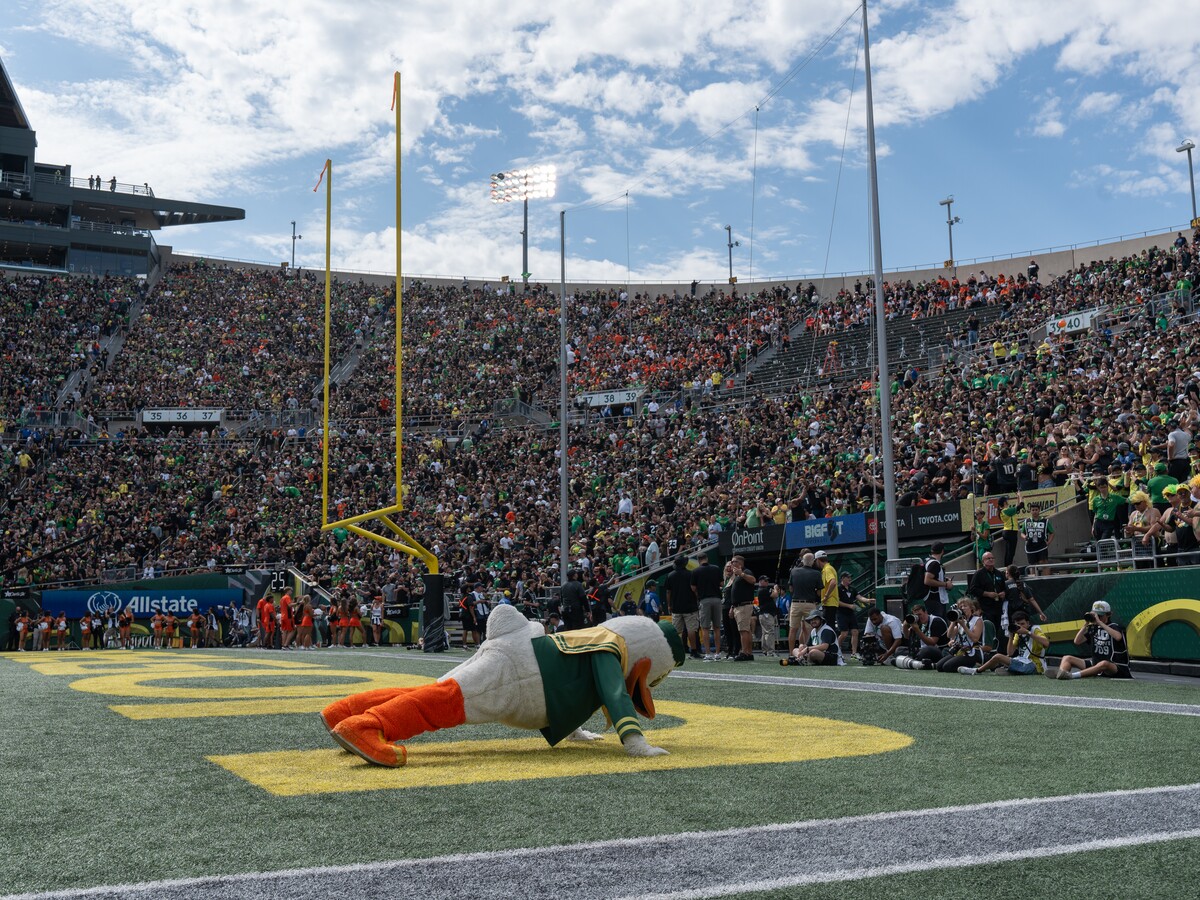 The Oregon Duck performs pushups in the Autzen Stadium end zone.