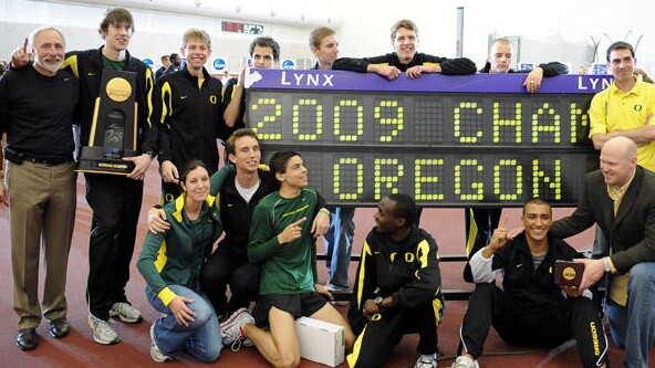 Oregon athletes celebrate the 2009 NCAA indoor track championship.