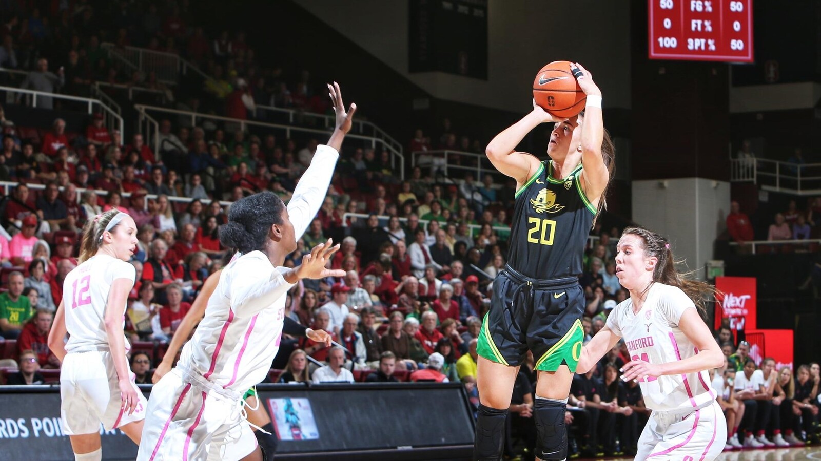 Sabrina Ionescu takes a jump shot against Stanford.