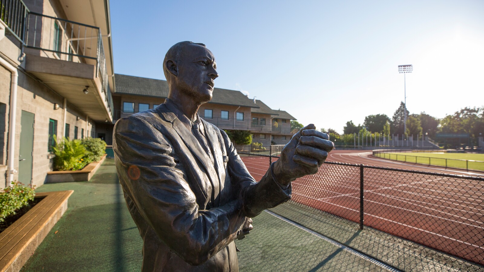 A statue of Bill Bowerman at Hayward Field