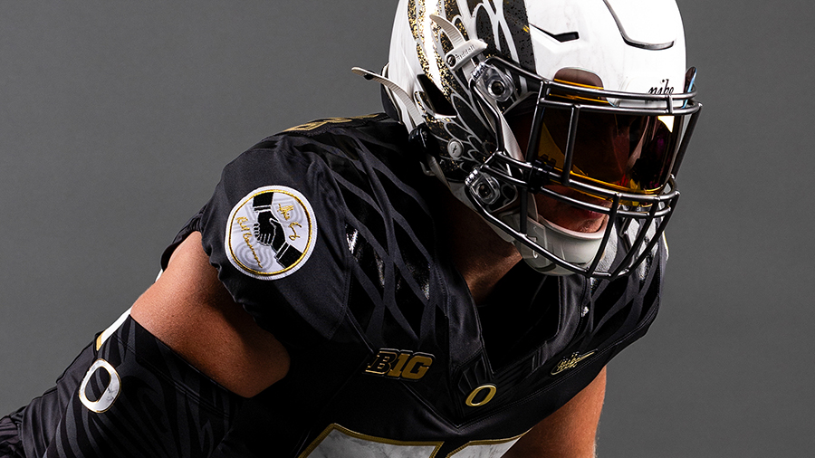 A football player wearing the Shoe Duck uniform.