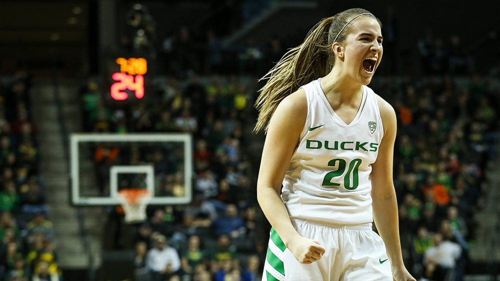 Sabrina Ionescu yelling on the basketball court