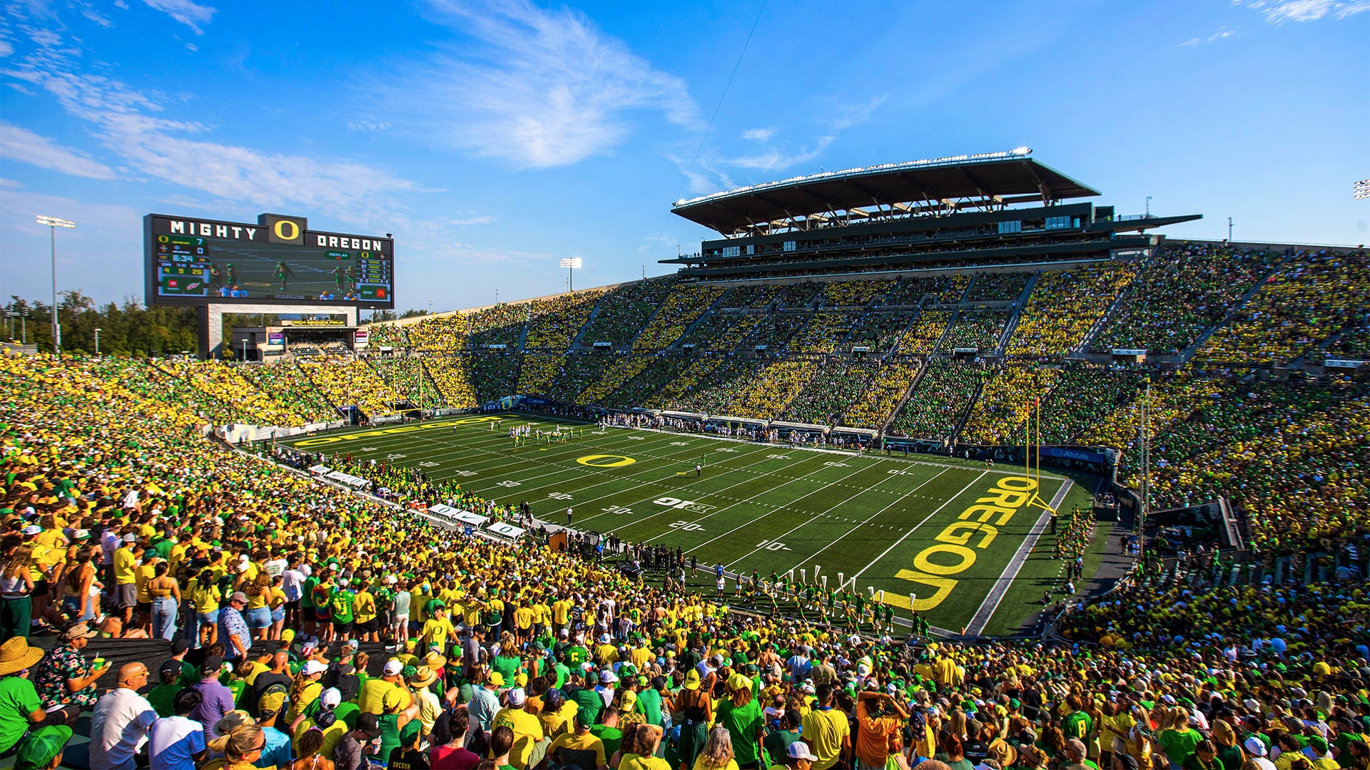 The inside of Autzen Stadium during a football game