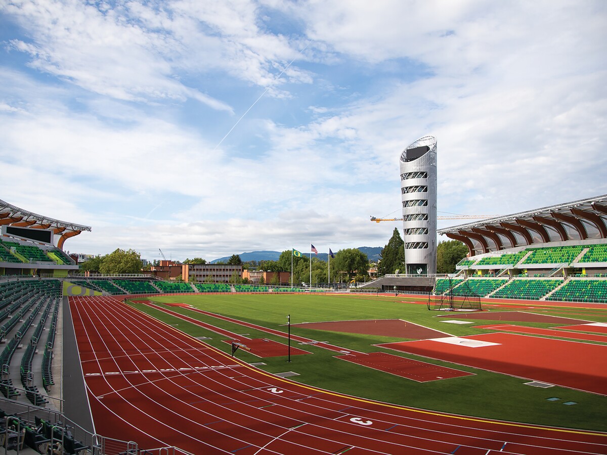 Hayward Field's track curves beneath the stadium tower.