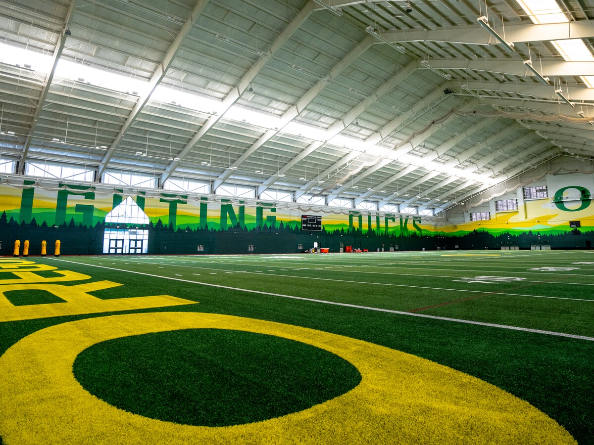 The Oregon O marks the Moshofsky Center's indoor practice field.