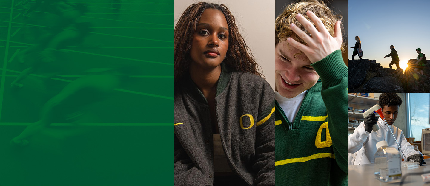 Collage of Oregon apparel, hikers at sunset, and a runner in motion.