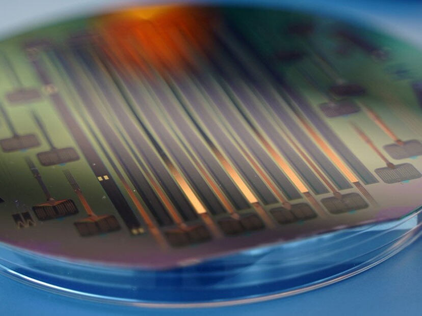 A patterned silicon wafer used in Knight Campus BioFoundry research.