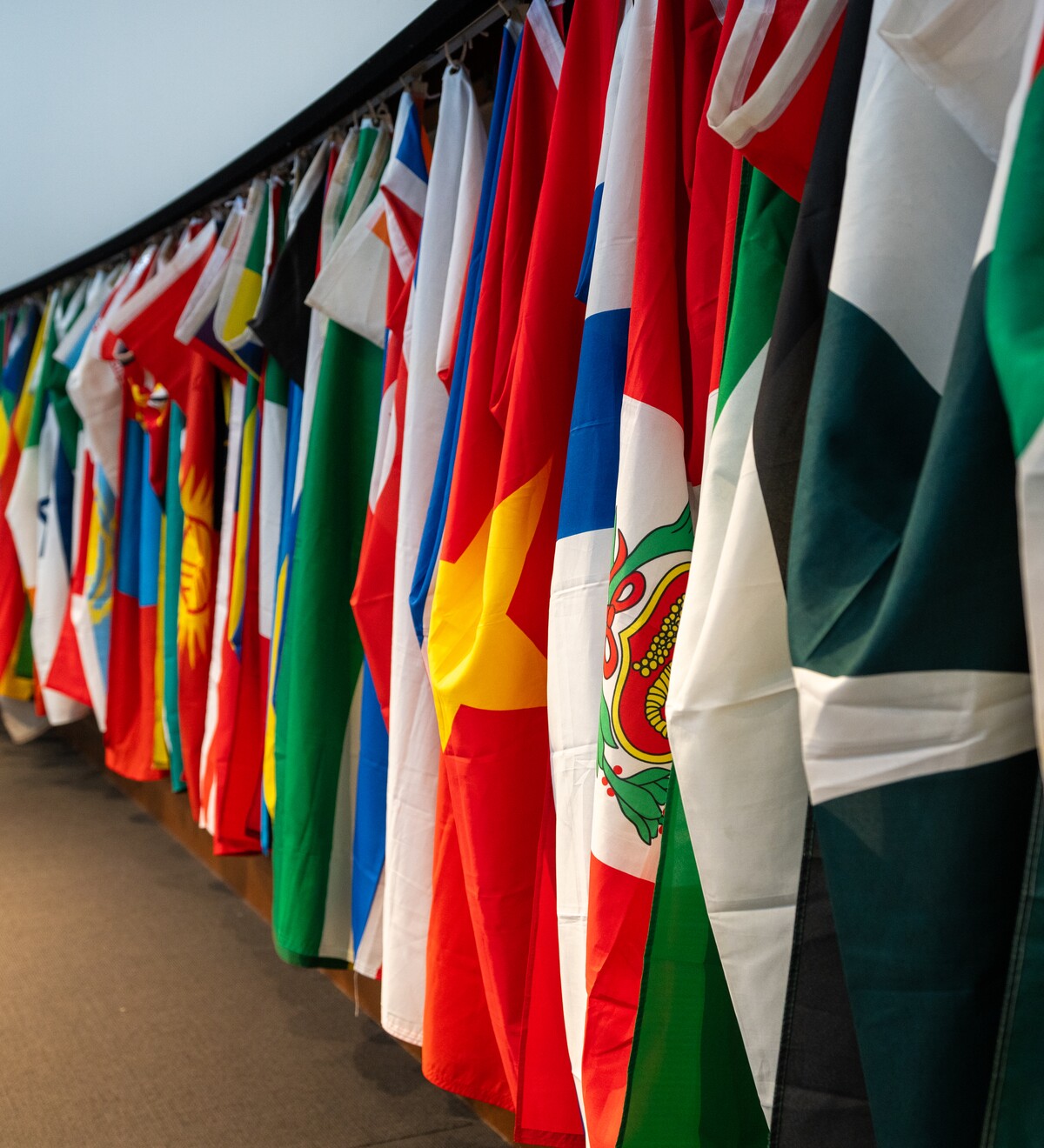 International flags displayed at the University of Oregon.