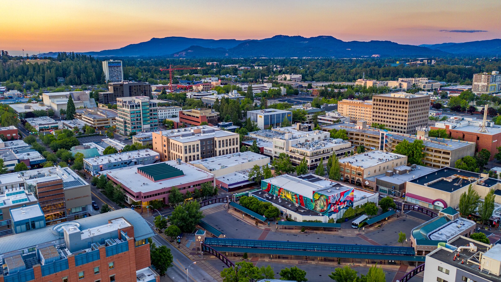 Aerial view of Eugene and the University of Oregon campus.