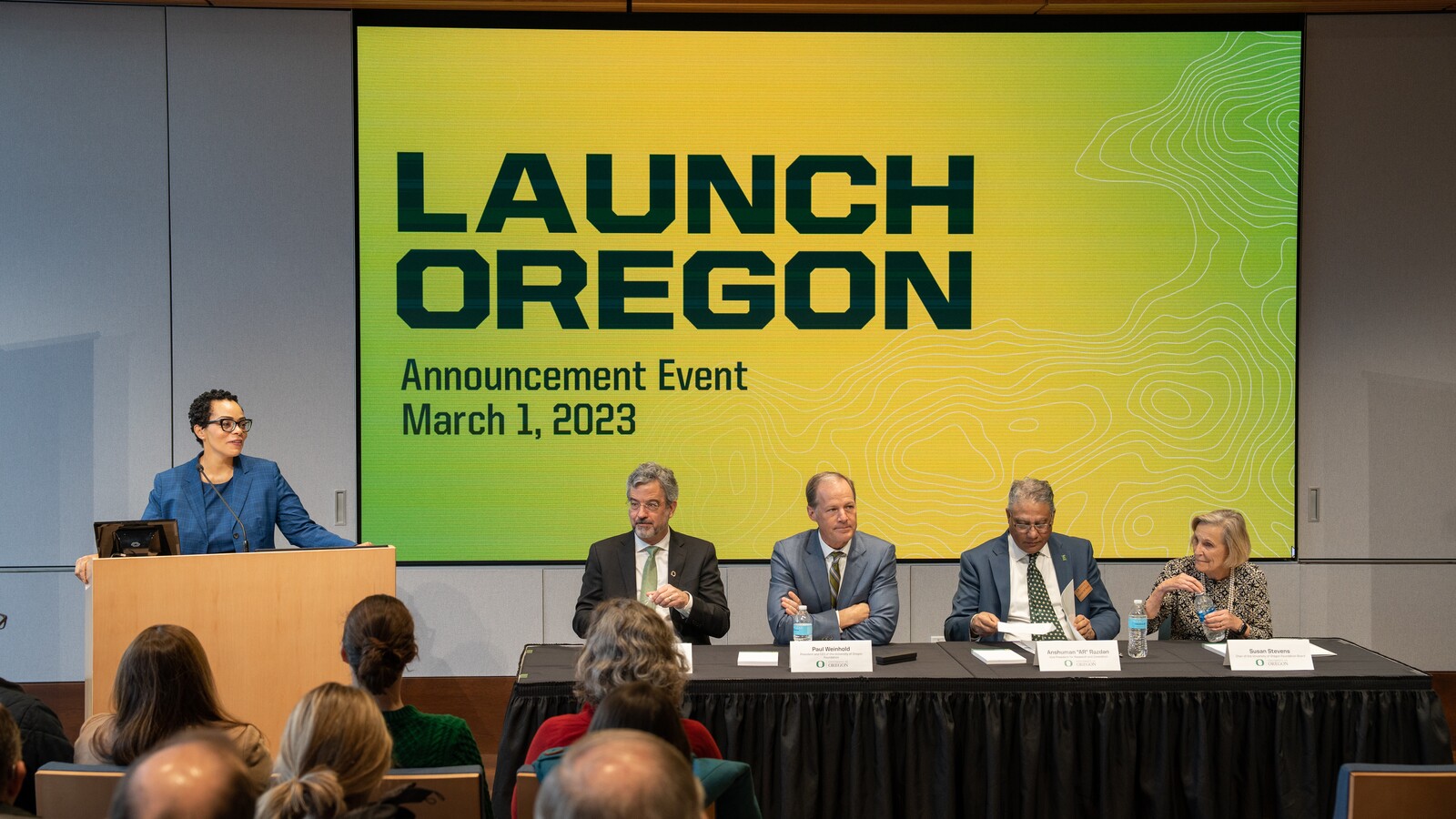 A speaker addresses a Launch Oregon announcement event.
