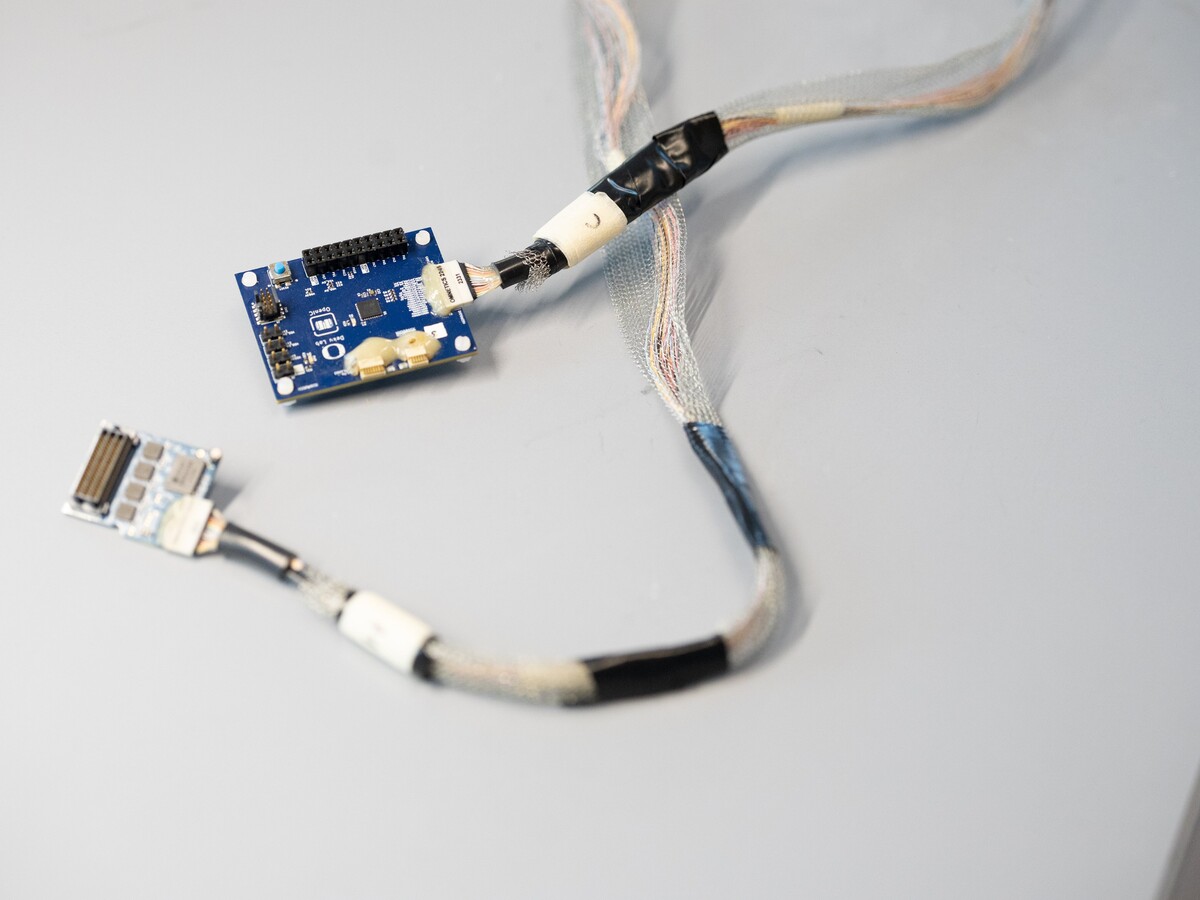 A wired neural recording device rests on a laboratory surface.