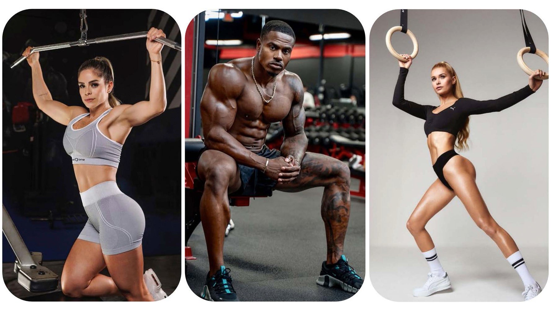 A three-panel collage of fitness influencers posing in athletic wear.