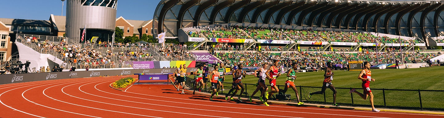 Runners compete on the track at Hayward Field during the World Athletics Championships.