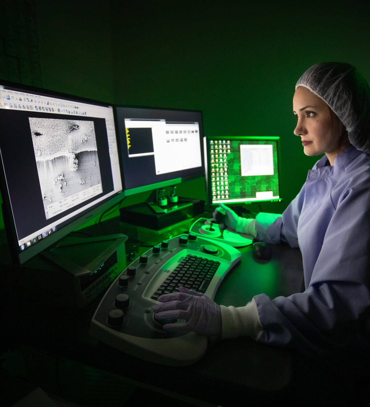 A researcher operates imaging equipment in a laboratory.