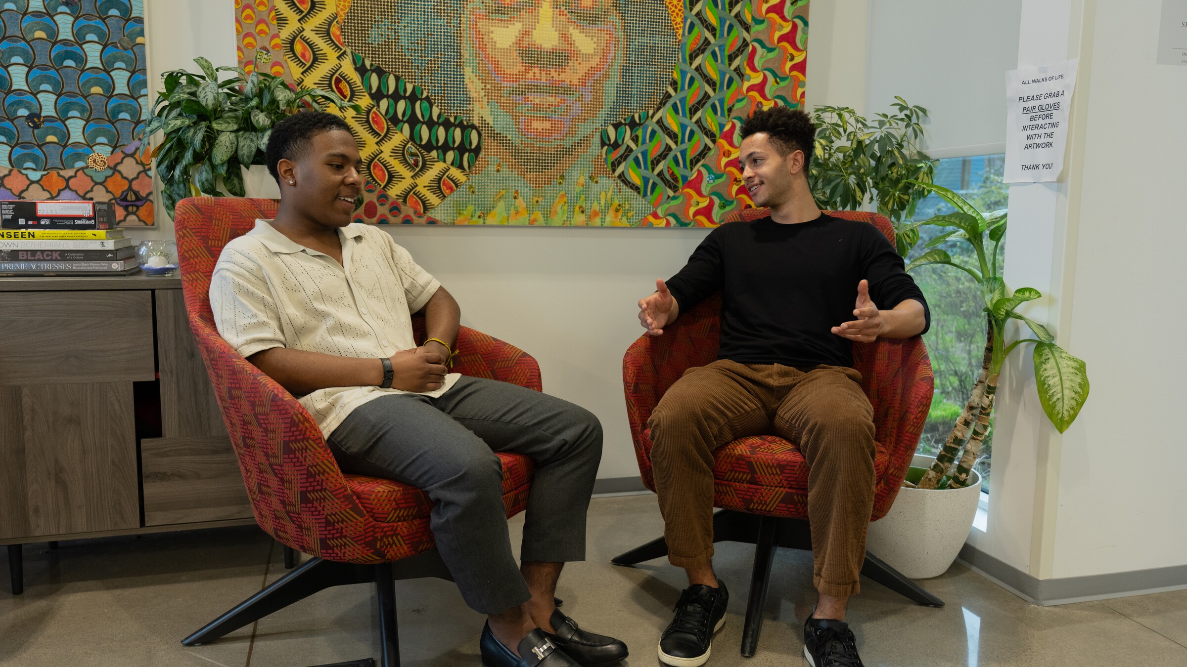 Two students talk in the Black Cultural Center.