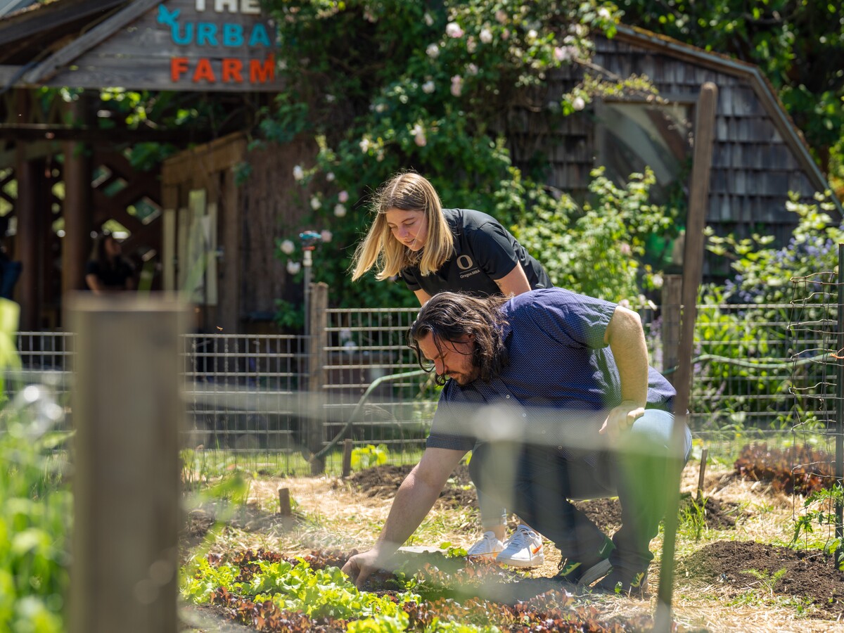 Students tend a garden bed at the Urban Farm.
