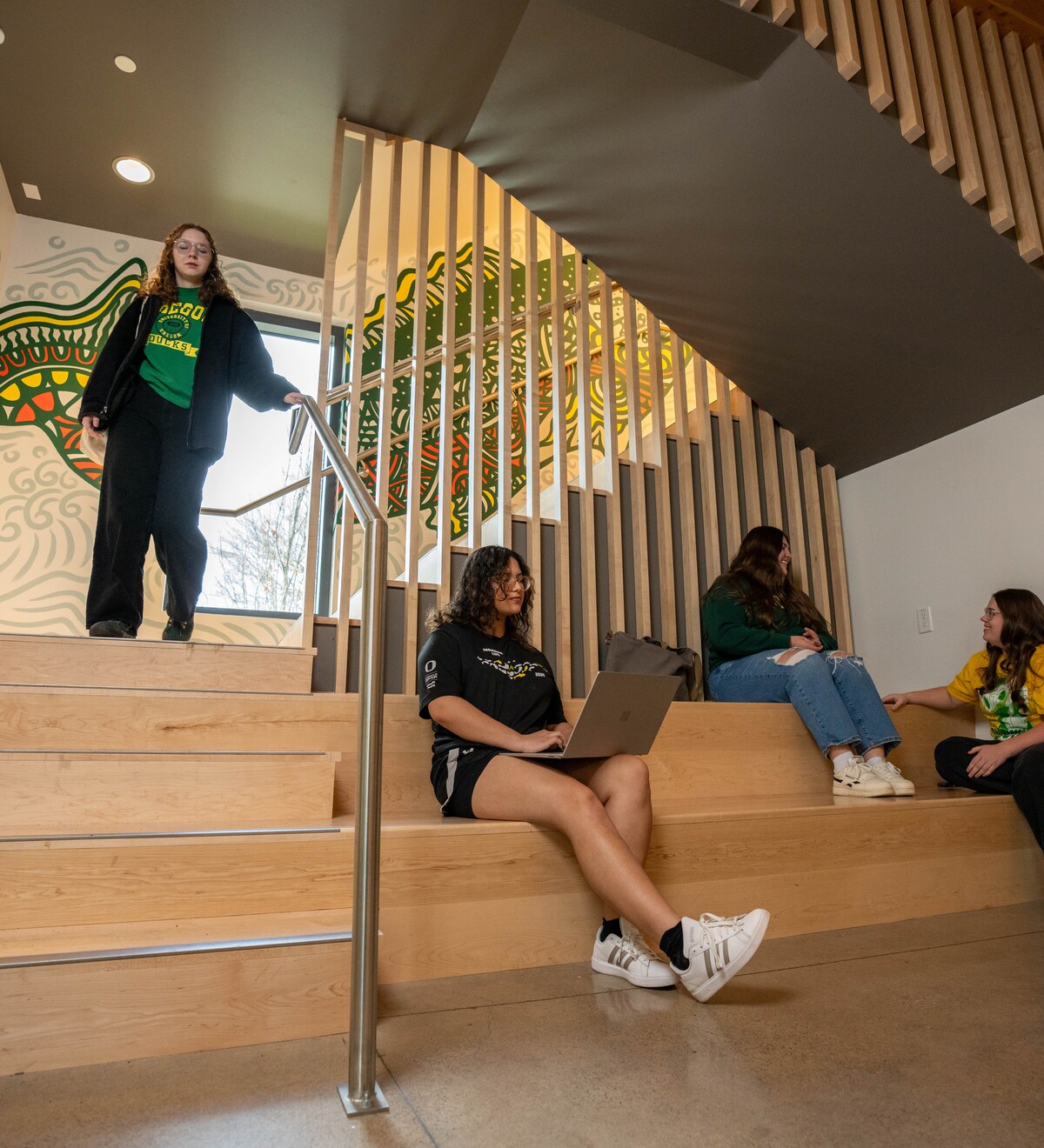 Students gather inside Yasui Hall.