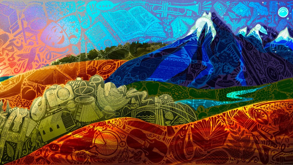 A colorful mural depicts Oregon mountains and wildlife.
